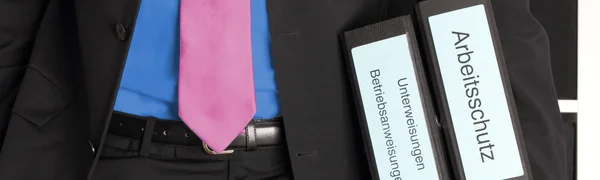Ein Oberkörperausschnitt im schwarzen Anzug mit hellblauer Krawatte hält zwei schwarze Aktenordner mit den Aufschriften "Arbeitsschutz" und "Unterweisungen/Betriebsanweisungen" in der Hand.