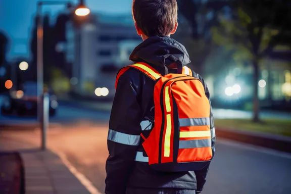 Rückenansicht eines Jungen mit Schulranzen, der im Dämmerlicht eine Straße entlang geht.
