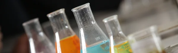In Bechergläsern sind Flüssigkeiten in unterschiedlichen Farben.
