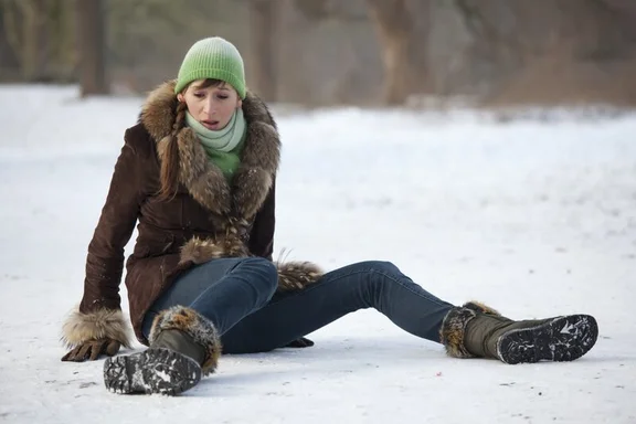 Eine Frau sitzt erschrocken auf schneeglattem Boden, nachdem sie gestürrzt ist.