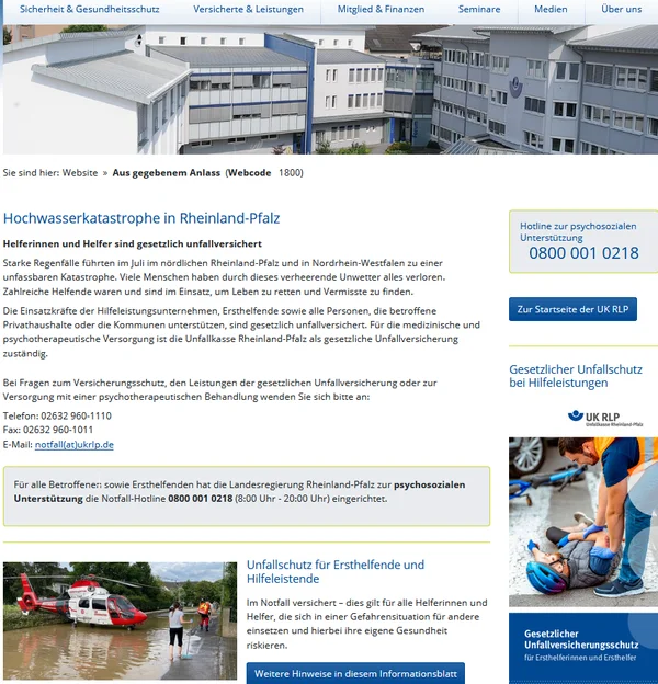 Aufnahme der Website der UK RLP zur Zeit der Hochwasserkatastrophe