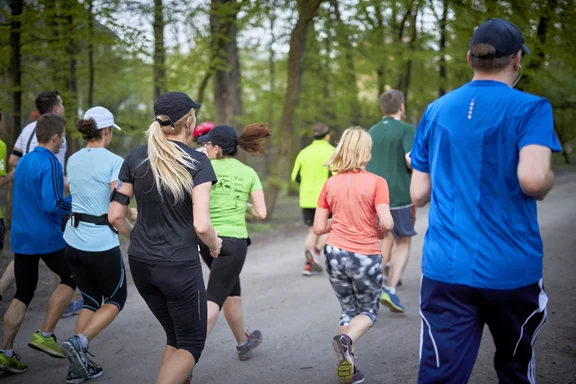 Eine Gruppe von Menschen in Sportkleidung läuft über einen Waldweg.