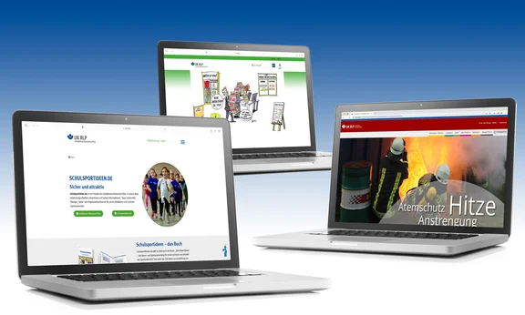 Drei aufgeklappte Laptops. Jeder zeigt jeweils eine Webseite an: "schulsportideen.de", "Feuerwehrsport-Trainingstool" und "Kita sicher und gesund".