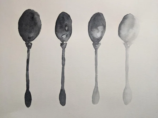 Vier in Aquarell gemalte Löffel, von links nach rechts immer blasser werdend