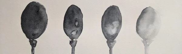 Vier in Aquarell gemalte Löffel, von links nach rechts immer blasser werdend