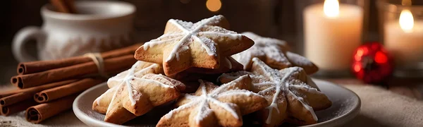 Ein Teller mit Weihnachtsplätzchen in Nahaufnahme, neben dem Teller liegen gebündelte Zimtstangen. Im Hintergrund zwei brennende Kerzen im Glas und ein rustikaler Becher.