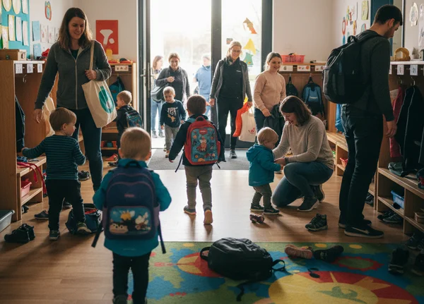 Ankunftssituation in der Kita. Mütter bringen ihre Kinder, ziehen ihnen die Schuhe aus etc. 