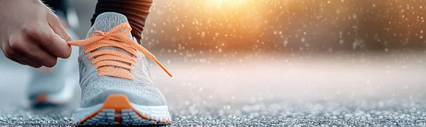 Nahaufnahme von einen Fuß mit Laufschuh. Eine Hand fasst an die gebundenen Schnürsenkel.