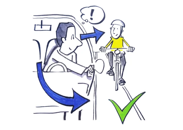 Die Illustration zeigt, wie man es richtig machen sollte: Ein Autofahrer greift mit der rechten Hand zur Tür, um sie zu öffnen. Dabei dreht sich sein Oberkörper, und sein Blick trifft auf einen Radfahrer, der ihn ebenfalls ansieht.