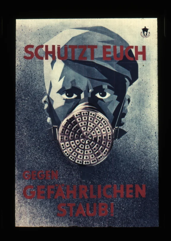Ein altes Plakat, das vor den gesundheitlichen Gefahren von Staubbelastung warnt.