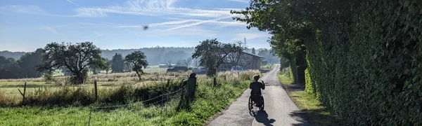 Sabrina Busch fährt Rollstuhl mit Vorspannbike auf einem befestigten Feldweg. Ansicht von hinten auf Sabrina, wie sie der Sonne entgegenfährt. Rechts Wald, links Wiese und Felder.