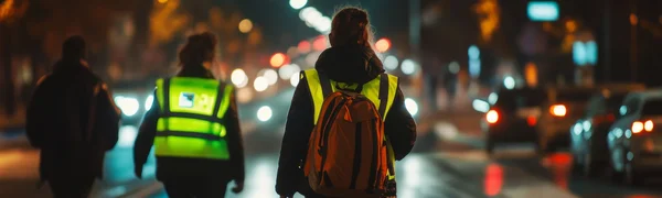 Zwei Personen in Rückenansicht. Sie tragen Warnwesten und sind bei Dunkelheit auf einer verkehrsreichen Straße unterwegs.