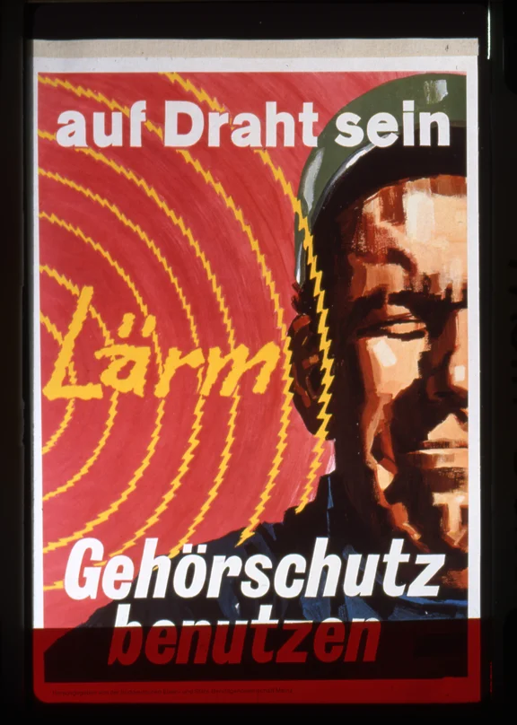 Ein altes Plakat, das vor den gesundheitlichen Gefahren von Lärm warnt.
