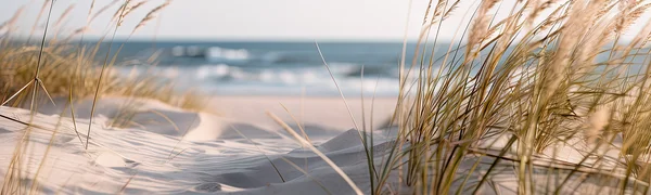 Blick durch Dünengras und Sand auf den Strand und das Meer.